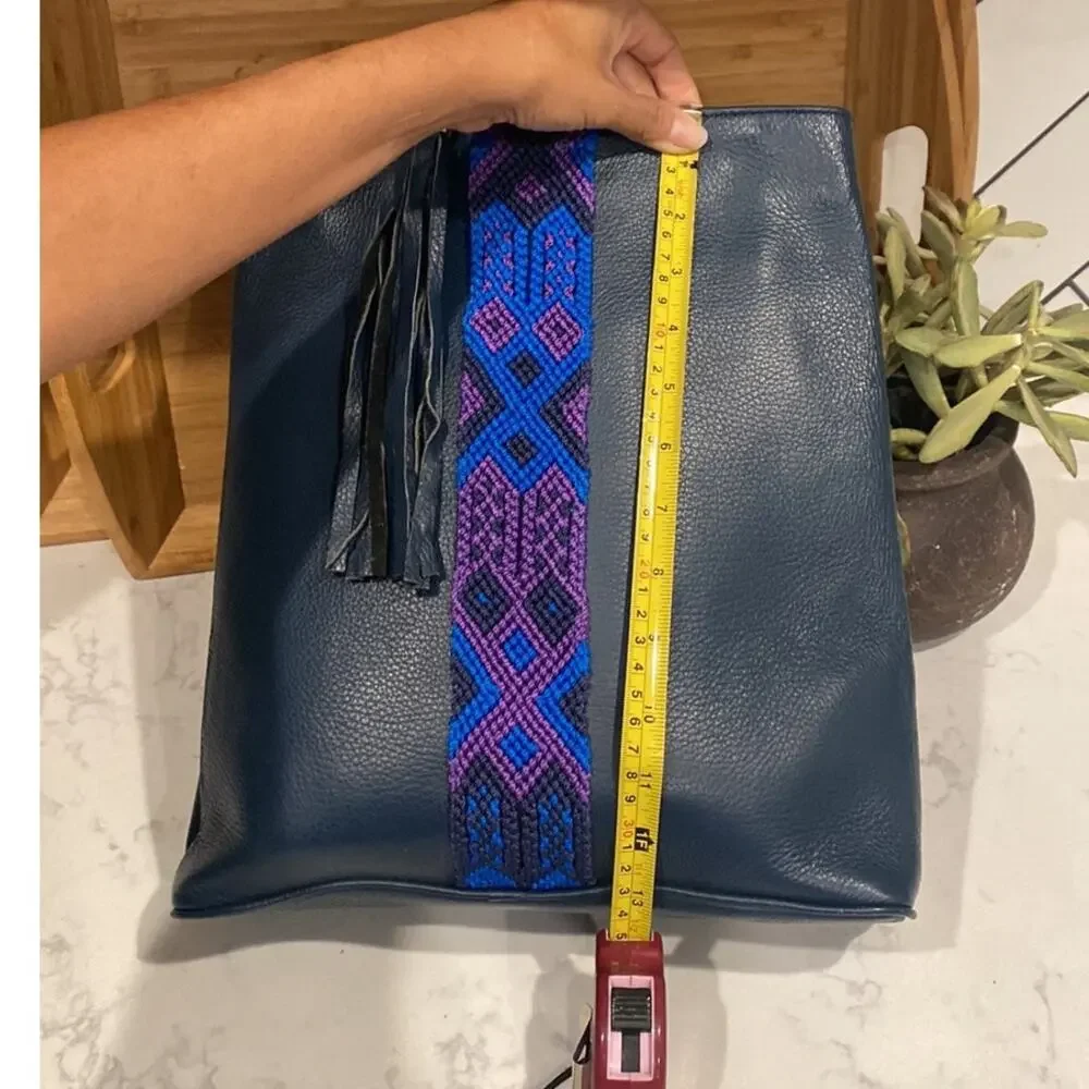 Sarahí blue tribal accent tassel backpack bohemian indigenous faux leather
